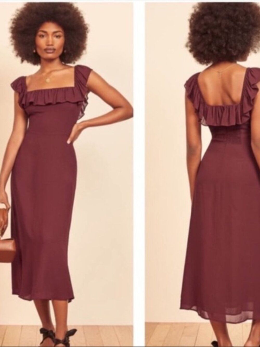 Reformation Burgundy Ruffle-Trim Midi Dress